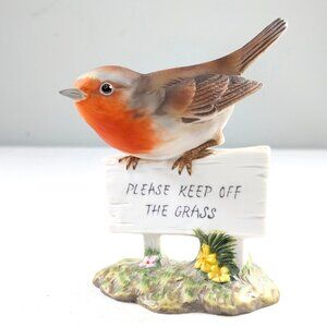 Porcelain bird figurine, Robin on Sign Please keep off the Grass, funny figurine